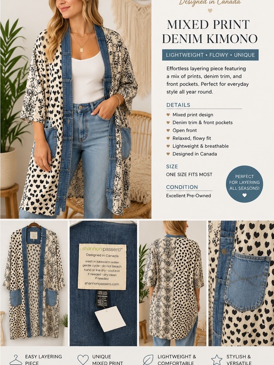 Jackets & Blazers - Shannon Passero Mixed Print Denim Trim Kimono Cardigan Boho One Size”
